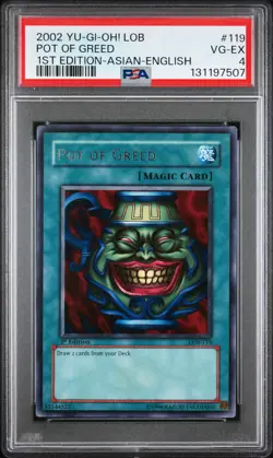 2002 YU-GI-OH! LOB-LEGEND OF BLUE EYES WHITE DRAGON #119 POT OF GREED PSA 4 - Image 1