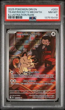 2025 POKEMON DRI EN-DESTINED RIVALS ILLUSTRATION RARE TEAM ROCKET'S MEOWTH PSA 8 - Image 1