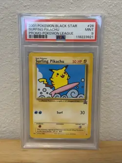 2001 POKEMON PROMO BLACK STAR POKEMON LEAGUE #28 SURFING PIKACHU PSA 9 - Image 1