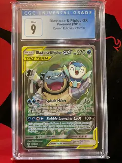 2019 Pokemon Sun & Moon Cosmic Eclipse #215 FA Blastoise & Piplup GX CGC 9 Mint - Image 1