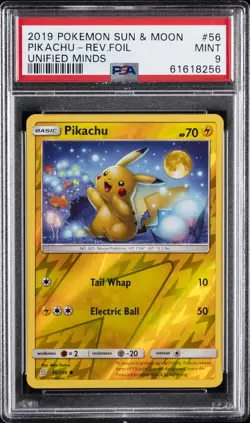2019 POKEMON SUN & MOON UNIFIED MINDS #56 PIKACHU-REVERSE FOIL PSA 9 - Image 1