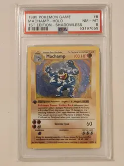 1999 POKEMON GAME 1ST ED-SHADOWLESS #8 MACHAMP-HOLO PSA 8 - Image 1