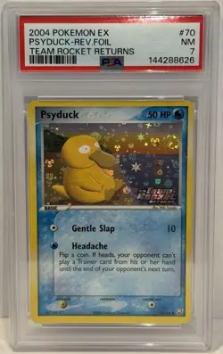 2004 Pokemon EX Psyduck Reverse Holo Foil Team Rocket Returns PSA 7 Sunset Swirl - Image 1