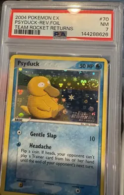2004 Pokemon EX Psyduck Reverse Holo Foil Team Rocket Returns PSA 7 Sunset Swirl - Image 3
