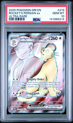 2025 POKEMON DRI EN-DESTINED RIVALS ULTRA RARE TEAM ROCKET'S PERSIAN EX PSA 10 - Image 1