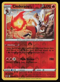 CINDERACE 034/202 RARE SWORD & SHIELD POKEMON REVERSE HOLO NM/M - Image 1