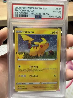 2020 POKEMON SWSH GENERAL MILLS 25TH ANNIVERSARY #039 PIKACHU-HOLO PSA 8 - Image 1