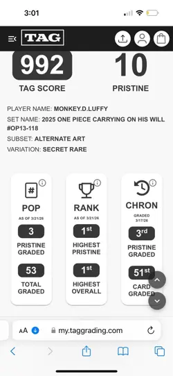2025 ONE PIECE MONKEY D LUFFY OP13-118 CARRYING ON HIS WILL 992 TAG PRISTINE 10 - Image 2