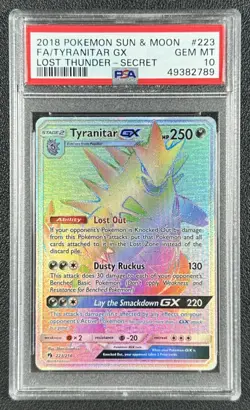FA TYRANITAR GX PSA 10 2018 POKEMON SUN & MOON LOST THUNDER #223/214 SECRET 2789 - Image 1