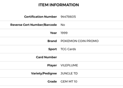 1999 POKEMON JUNGLE VILEPLUME COIN PROMO GEM MT 10 - Image 5