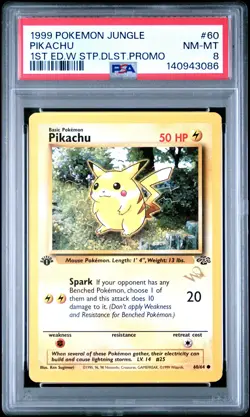 1999 POKEMON JUNGLE 1ST ED W STAMP DUELIST PROMO #60 PIKACHU PSA 8 - Image 1