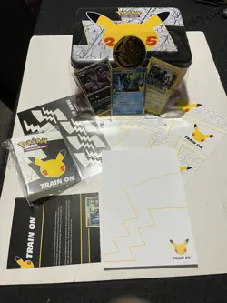 Pokemon 25th Anniversary Celebration Lunch Box / Tin W/ Promos + Extras ( Used ) - Image 1