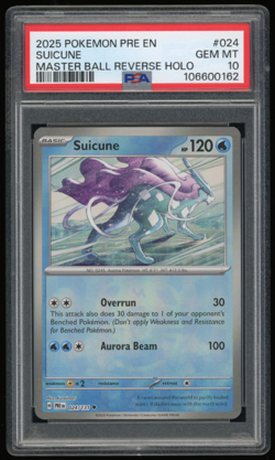 2025 POKEMON PRISMATIC EVOLUTIONS 024/131 SUICUNE MASTER BALL REV HOLO PSA 10 - Image 1