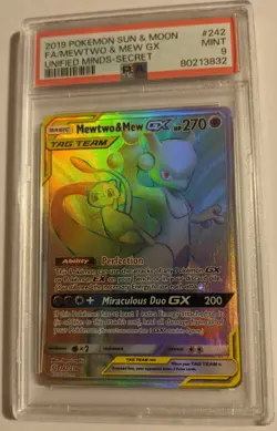2019 Pokemon Sun & Moon TCG FA/MEWTWO & MEW GX Card #242/236 PSA 9 Near Mint - Image 1
