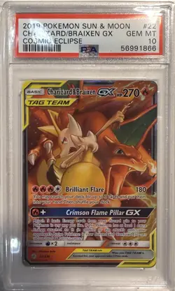 2019 POKEMON SUN & MOON COSMIC ECLIPSE #22 CHARIZARD & BRAIXEN GX PSA 10 - Image 1