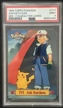 PSA 9 MINT 1999 Topps Pokemon #TV1 Ash Ketchum Pikachu Series 1 Vintage Anime - Image 1