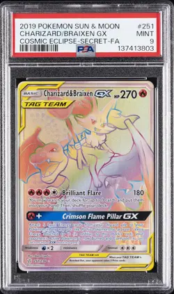 2019 POKEMON SUN & MOON COSMIC ECLIPSE FULL ART/CHARIZARD & BRAIXEN GX PSA 9 - Image 1