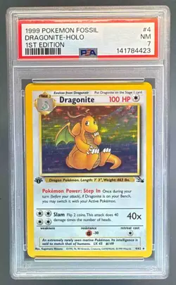1999 Pokemon Fossil 1st Edition 4 Dragonite Holo PSA 7 141784423 - Image 1