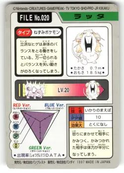 1997 DMG Pokemon Raticate No. 020 Bandai Carddass Series 3-4 Japanese - Image 2
