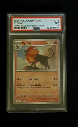 2025 Pokemon Prismatic Evolutions Pyroar 016 Poke Ball Reverse Holo PSA 7 NM - Image 1