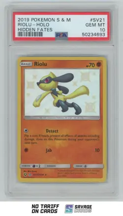 2019 Pokemon Sun & Moon Hidden Fates Riolu PSA 10 #SV21/SV94 Holo - Image 1