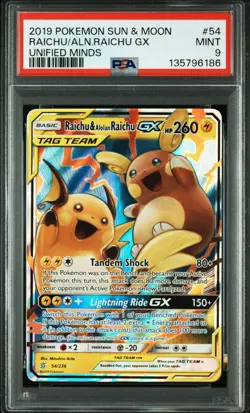 2019 POKEMON SUN & MOON UNIFIED MINDS 54/236 RAICHU & ALOLAN RAICHU GX PSA 9 - Image 1