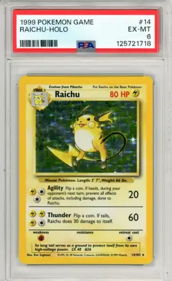 PSA EX-MT 6 Pokemon Trading Card Game Raichu 014/102 Base Set Holo Rare (1999) - Image 1