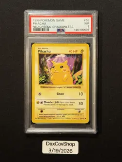 1999 Pokemon RED CHEEKS PIKACHU Base Set SHADOWLESS Error Card 58/102 Rare PSA 7 - Image 1