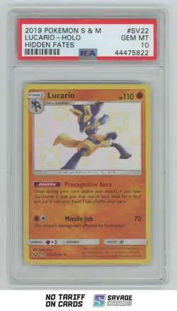 2019 Pokemon Sun & Moon Hidden Fates Lucario PSA 10 #SV22/SV94 Holo - Image 1
