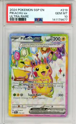 PSA GEM MT 10 Pokemon TCG Pikachu ex 219/191 Sv08: Surging Sparks Holo UR - Image 1