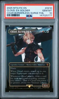 2025 MTG FINAL FANTASY COMMANDER BORDERLESS-SURGE FOIL CLOUD, EX-SOLDIER PSA 10 - Image 1