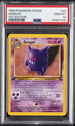 1999 POKEMON FOSSIL 1ST EDITION #20 GENGAR PSA 10 - Image 1
