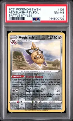 2021 POKEMON SWORD & SHIELD BATTLE STYLES #108 AEGISLASH-REVERSE FOIL PSA 8 - Image 1