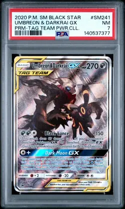 2020 POKEMON SM PROMO TAG TEAM POWERS COLLECTION UMBREON & DARKRAI GX PSA 7 - Image 1