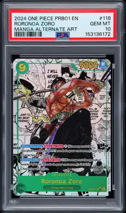 2024 ONE PIECE PRB01-PREMIUM BOOSTER MANGA ALT ART RORONOA ZORO PSA 10 - Image 1