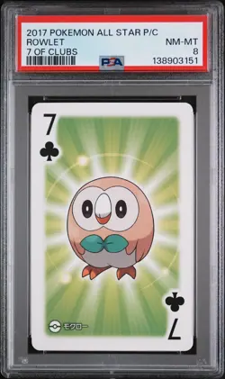 2017 POKEMON AS PLAYING CARDS 7 OF CLUBS ROWLET PSA 8 - Image 1