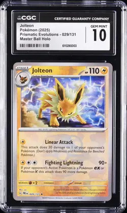 2025 POKEMON PRISMATIC EVOLUTIONS MASTER BALL HOLO #029 JOLTEON CGC 10 - Image 1
