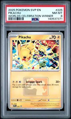 2025 POKEMON SVP PROMO WORLDS CELEBRATION TOURNAMENT WINNER #225 PIKACHU PSA 8 - Image 1