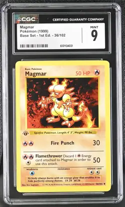 CGC 9 MINT Magmar 1999 Base Set Shadowless 1st Edition 36/102 Pokemon Card - Image 1