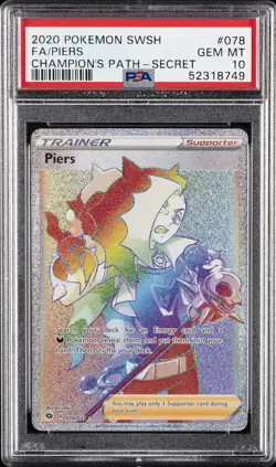 2020 POKEMON SWORD & SHIELD CHAMP'S PATH SECRET #078 FULL ART/PIERS PSA 10 - Image 1