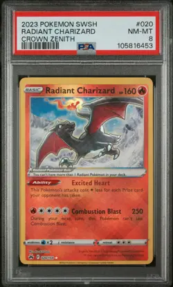 2023 POKEMON SWORD & SHIELD CROWN ZENITH #020 RADIANT CHARIZARD PSA 8 - Image 1