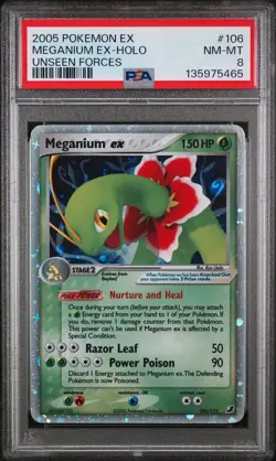 2005 POKEMON EX UNSEEN FORCES #106 MEGANIUM EX-HOLO PSA 8 - Image 1