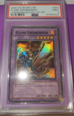 2002 Yu-Gi-Oh LOB Flame Swordsman Legend/Blue Eyes 1st Edition PSA 9 Wavy - Image 1