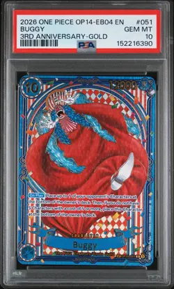 2026 ONE PIECE OP14-EB04-THE AZURE SEA'S SEVEN 3RD ANNIV-GOLD #051 BUGGY PSA 10 - Image 1