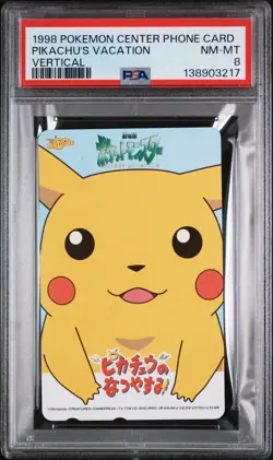 1998 POKEMON CENTER PHONE CARD VERTICAL PIKACHU'S VACATION PSA 8 - Image 1