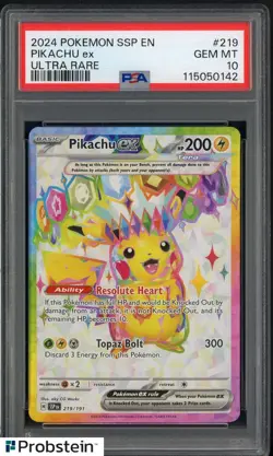 2024 Pokemon Surging Sparks En #219 Pikachu ex Ultra Rare PSA 10 GEM MINT - Image 1