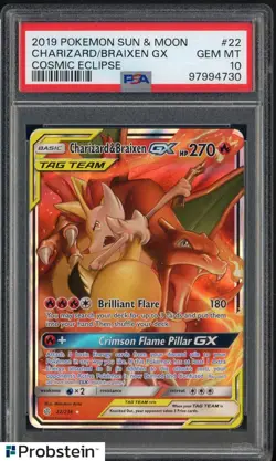 2019 Pokemon Sun & Moon Cosmic Eclipse #22 Charizard & Braixen GX PSA 10 - Image 1