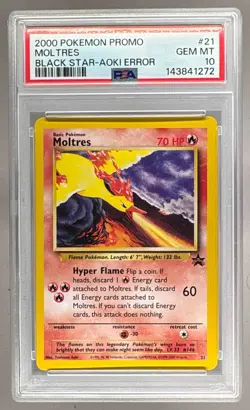1999 Pokemon Black Star Promo 21 Moltres Aoki Error PSA 10 143841272 - Image 1