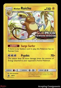 2017 Pokemon Sun and Moon Black Star Crimson Invasion #SM72 Alolan Raichu Promo - Image 1