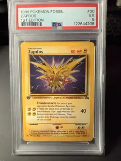 1999 Pokemon Fossil 1st Edition Zapdos Non-Holo #30 PSA 5 EX - Image 1
